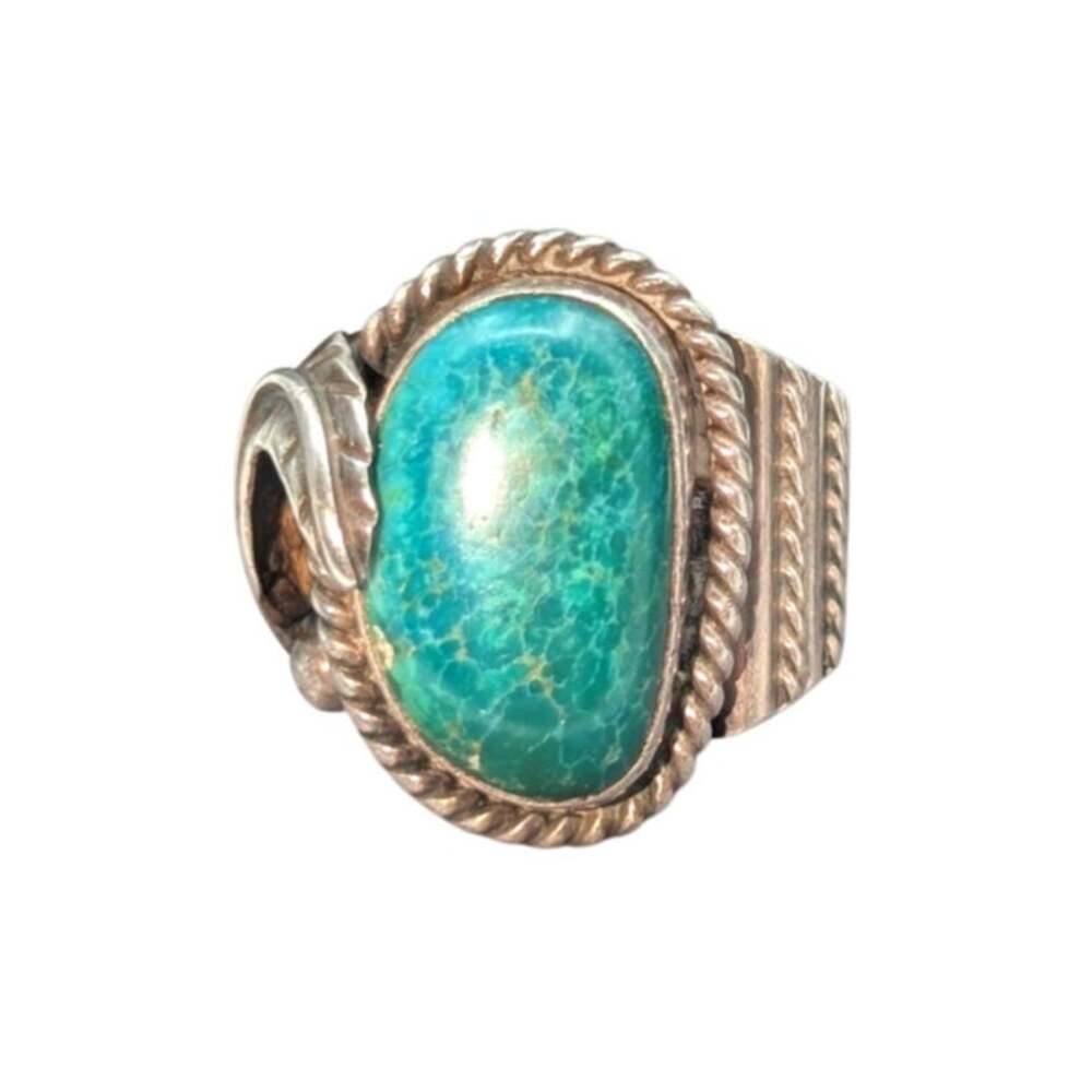 Vintage Turquoise Unmarked Sterling Silver Curved Leaf Chunky Ring Size 9.5